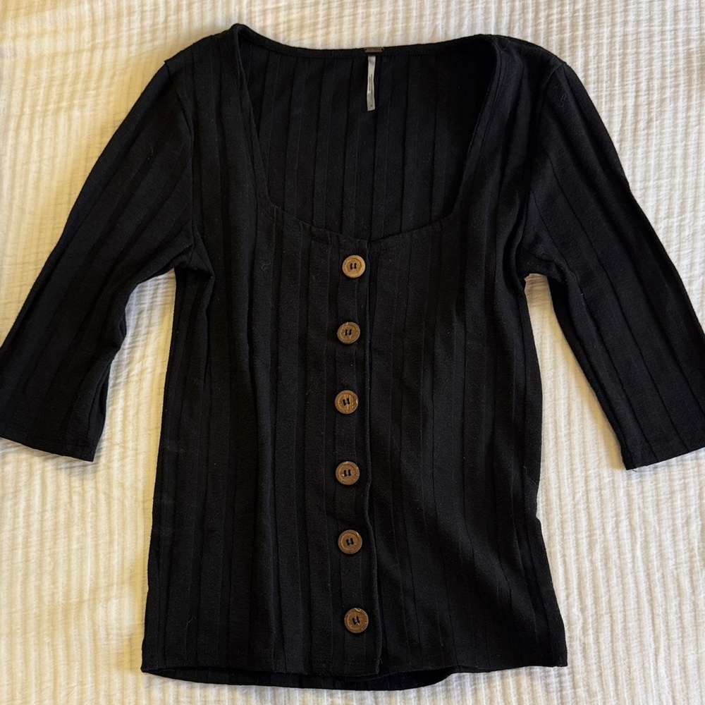Free People Black Ribbed Button-Front Top